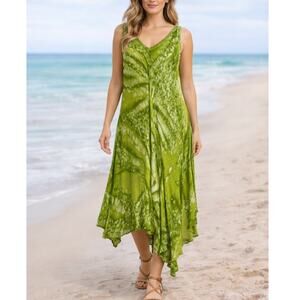Vintage Ethereal Green Tie Dye Midi Dress Asymmetrical Hem Fairycore Soft Drape